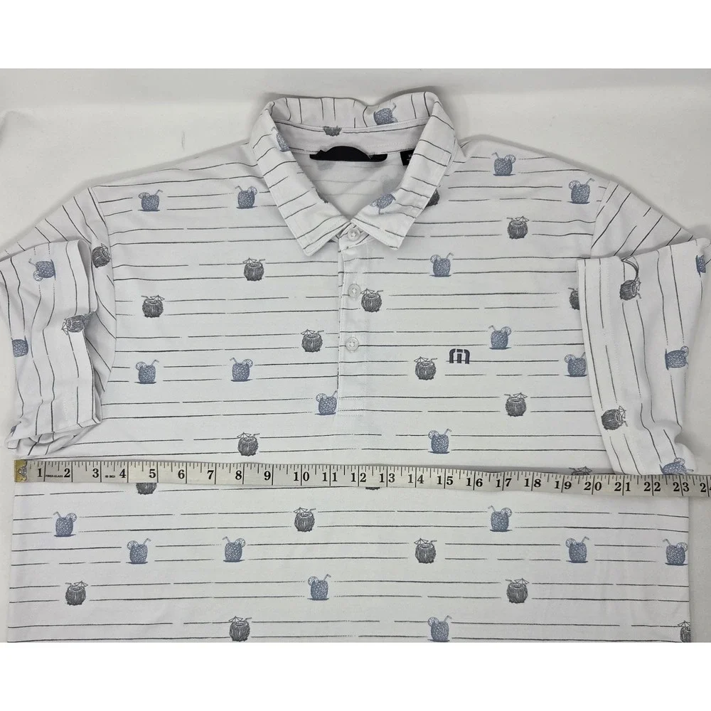Travis Mathew Polo Shirt Mens XL White‎ Golf Cocktail Print Striped Short Sleeve